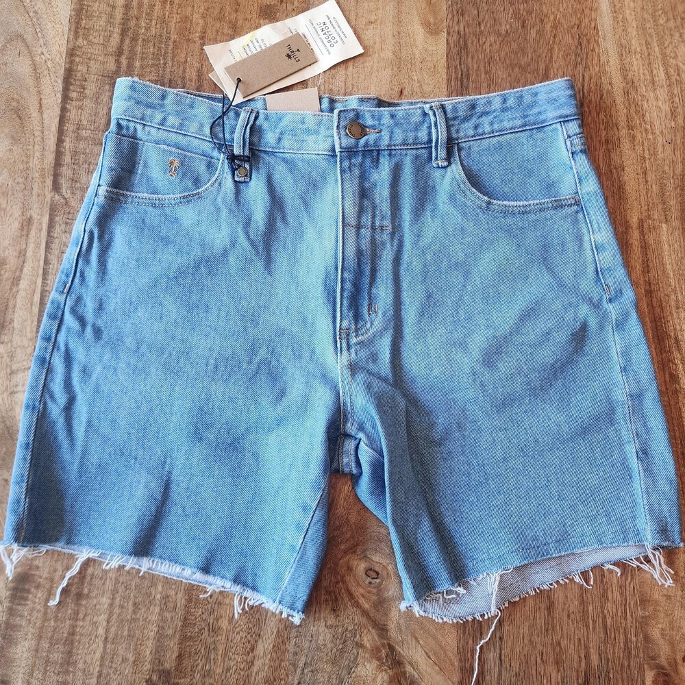 Thrills Mandude Shorts Mens 34 Blue Denim Raw Hem Organic Cotton Stretch Bermuda